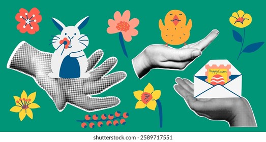 Happy Easter set with flowers, bunny, chick and envelope. Vector illustration with retro collage elements. 