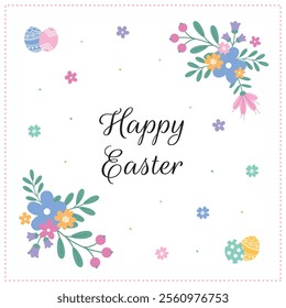 Happy Easter set with flowers and eggs on a white background