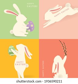 
Happy Easter. A set of four white, funny cartoon rabbit silhouettes character with Paschal egg. Design template for Banner, flyer, invitation, greeting card, poster. The rabbit icon.
