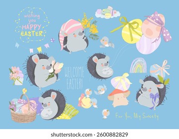 Happy Easter Set with Funny Hedgehogs and Cute Easter Elements. Vector Collection