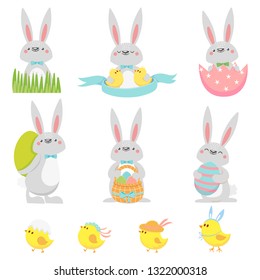 Happy Easter.  Set of funny rabbits and chickens. Collection of design elements. Vector illustration