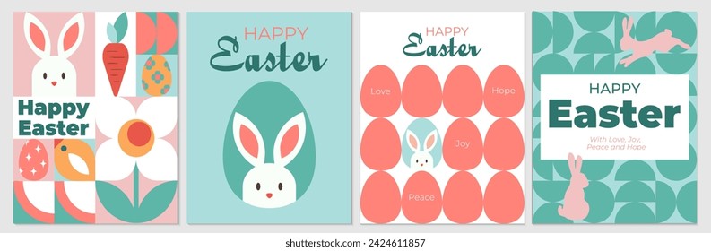 Feliz Pascua conjunto de carteles abstractos geométricos, tarjetas de felicitación, banners, cubiertas de vacaciones. Las ilustraciones vectoriales de moda con conejos, huevos de Pascua, flores, formas simples y texto. Neo geo arte.