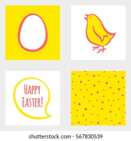 Happy Easter set, graphic elements collection. Egg, speech bubble shape, seamless pattern with speckles, hand drawn cute chicken. Paschal backgrounds, templates for simple greeting cards, posters.