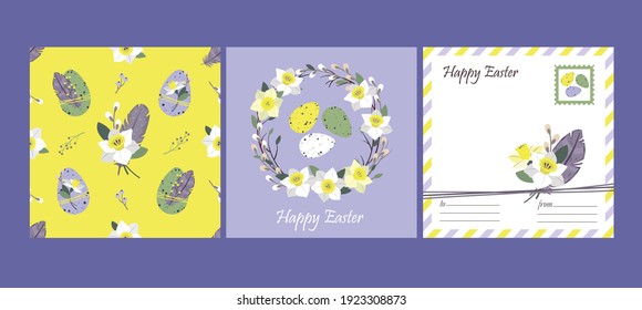 HAPPY EASTER Set: greeting card and seamless pattern. Easter eggs, daffodil wreath, feathers. Eco-friendly decoration. Vector, flat illustration.