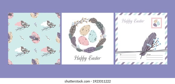 HAPPY EASTER Set: greeting card and  seamless pattern. Willow wreath, feathers, bird, Easter eggs. Eco-friendly decoration. Vector, flat illustration.
