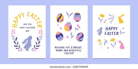 
Happy Easter Set of greeting card designs with hand drawn Spring Flowers, Bunnies, Decorated Eggs and typography in pastel pink, lilac, yellow colors. Easter Celebration Modern Minimalist Style