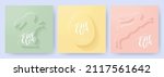 Happy Easter Set of greeting cards, posters, holiday covers, sale banners. Trendy design in paper cut style with bunny and egg silhouettes in monochrome soft pastel green, yellow, pink colors