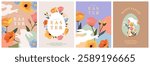 Happy Easter Set of greeting cards, posters, holiday covers. Trendy design with typography, spring hand drawn flowers, dots, eggs and bunny in pastel colors. Modern art minimalist style.