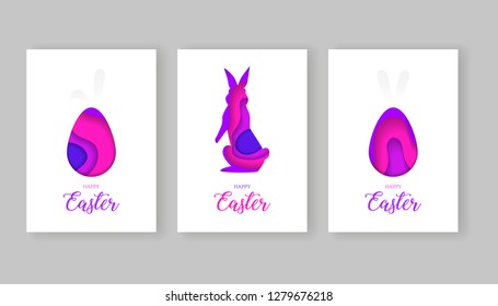 Happy Easter set of greeting cards, 3d paper cut waves in the shape of Easter egg, rabbit and rabbit’s ears, bright colours. Vector Illustration.