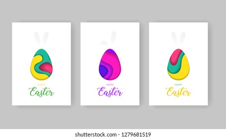 Happy Easter set of greeting cards, 3d paper cut waves in the shape of Easter egg and rabbit’s ears, bright colours. Vector Illustration.