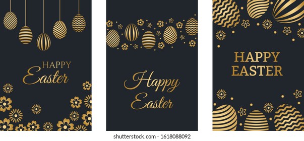 Happy Easter set of greeting cards with inscription Happy Easter, golden eggs and flowers on black background. Flat vector stock illustration.