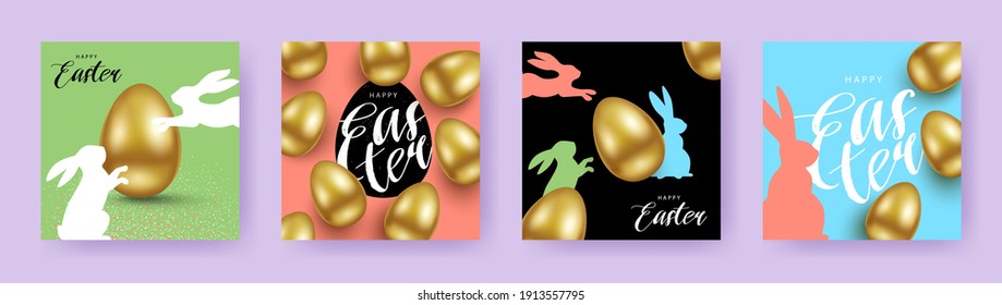 Happy Easter! Set of Easter greeting cards, holiday covers, posters, flyers design with 3d realistic golden eggs, bunny and calligraphy. Trendy modern design for social media, sale, advertisement, web