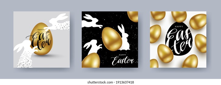 Happy Easter! Set of Easter greeting cards, holiday covers, posters, flyers design with 3d realistic golden eggs, bunny and calligraphy. Trendy modern design for social media, sale, advertisement, web