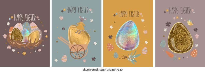 Happy easter! Set greeting cards. Beautiful Easter shiny eggs, chicken, carrot, Easter accessories. Vector illustration.