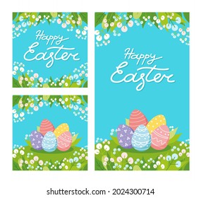Happy Easter. Set of  greeting cards, posters, Sale banners. Flat vector illustration with a hand lettering, eggs, flowers and leaves. 