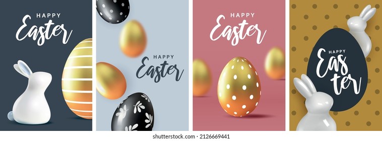 Happy Easter. Set of greeting cards, holiday covers, posters, flyers design. Modern minimal design  with eggs and  rabbits for social media, sale, advertisement, web.