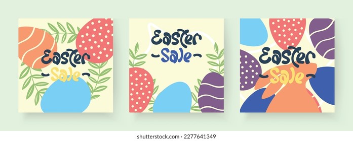 Happy Easter Set. Easter greeting cards with colorful eggs, rabbit, plants and hand draw calligraphy. Cute template background for banner, website, social media, invitation, sale, discount, voucher.