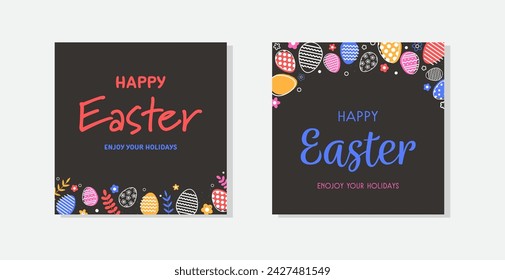 Happy Easter set of greeting cards with colourful eggs. A set of modern style backgrounds. Vector illustration