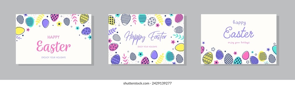 Feliz Pascua conjunto de tarjetas de felicitación con huevos de colores. Un conjunto de fondos de estilo moderno. Ilustración de vector
