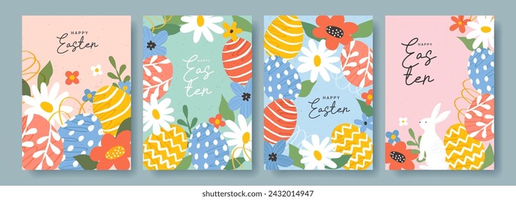 Happy Easter set of greeting cards, posters, holiday covers. Trendy design with spring hand drawn flowers, typography, eggs and bunny. Modern minimalist style. Template for web, social media.