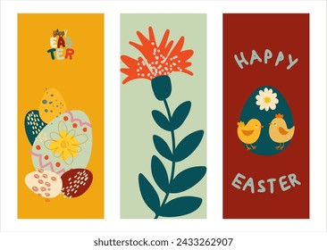 Happy Easter Set of greeting cards, posters, holiday covers. Trendy design with typography, spring hand drawn flowers, dots, eggs, chicks in vintage colors. Minimalist style of modern art.