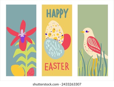 Happy Easter Set of greeting cards, posters, holiday covers. Trendy design with typography, spring hand drawn flowers, dots, eggs, bird in vintage colors. Minimalist style of modern art.