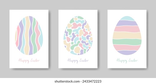 Happy Easter set of greeting Cards. Abstract Geometric Easter Eggs. Traditional spring Holiday. Simple Minimalist background. Egg Hunt invitation template. Colorful vector Illustration