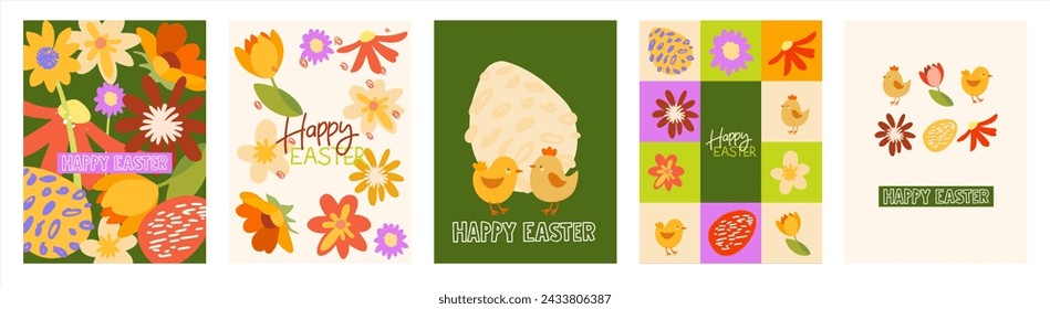 Happy Easter Set of greeting cards, posters, holiday covers. Trendy design with typography, spring hand drawn flowers, dots, eggs, chicken in vintage colors. Minimalist style of modern art.