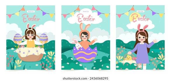 Happy Easter Set of greeting cards, posters, holiday covers. Trendy design with typography, girl, dots, eggs and bunny, in pastel colors. vector illustrator