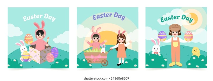 Frohe Ostern Set von Grußkarten, Poster, Urlaubscover. Trendiges Design mit Typografie, Mädchen, Punkten, Eiern und Häschen, in Pastellfarben. Vektor Illustrator