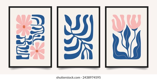 Feliz Pascua conjunto de tarjetas de felicitación, carteles, cubiertas de vacaciones. Diseño de moda con flores dibujadas a mano de primavera, tipografía, huevos y conejito. Estilo minimalista moderno. Plantilla para web, redes sociales.