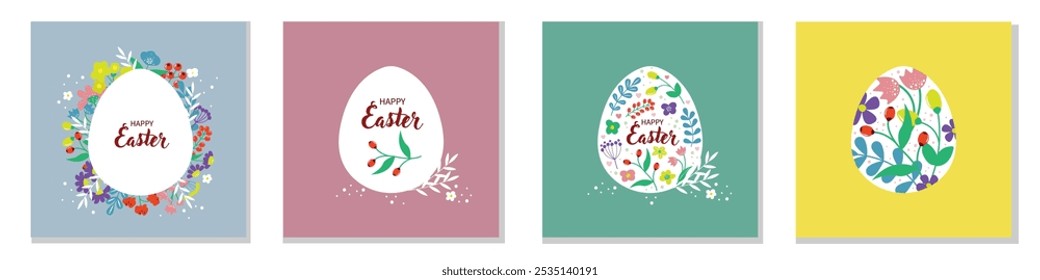 Happy Easter. Set greeting cards, floral poster with flowers and egg. Spring holiday. Simple cartoon design