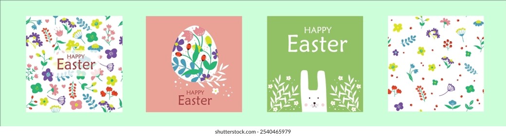 Happy Easter Set of greeting cards, posters, holiday covers. Floral background, painted eggs, Easter bunny. vector illustration