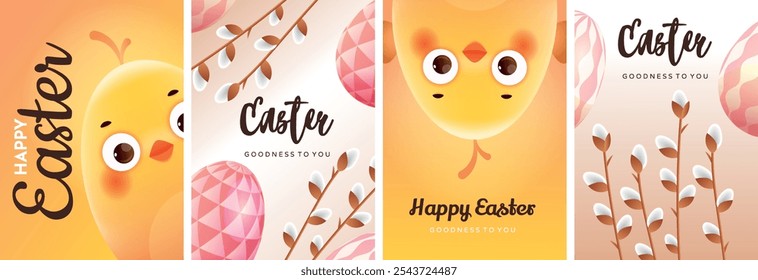 Feliz Pascua. Conjunto de tarjetas de felicitación, cubiertas de vacaciones, carteles, diseño de volantes. Diseño minimalista moderno con huevos de pascua, ramas de sauce y pollo amarillo para redes sociales, venta, publicidad, Web.