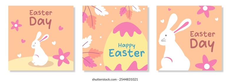 Happy Easter Set of greeting cards, posters, holiday covers. Trendy design with typography, spring hand drawn flowers, dots, eggs and bunny illustration in pastel colors. Modern art minimalist style.