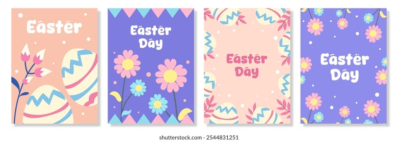 Happy Easter Set of greeting cards, posters, holiday covers. Trendy design with typography, spring hand drawn flowers, dots, eggs vector illustration in pastel colors. Modern art minimalist style