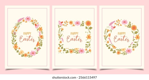 Happy Easter. Set of greeting cards with spring flowers in pastel colours. Vector illustration