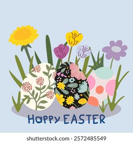 Happy Easter set of greeting cards, posters, holiday covers. Set of Easter eggs with different textures. Spring holiday. Easter eggs and flowers. Easter day design elements for seasonal holiday