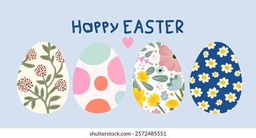 Happy Easter set of greeting cards, posters, holiday covers. Set of Easter eggs with different textures. Spring holiday. Easter eggs and flowers. Easter day design elements for seasonal holiday