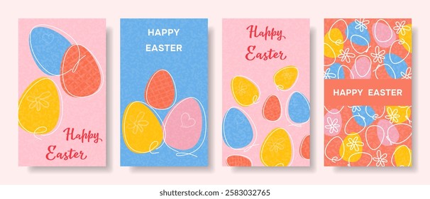 Happy Easter set of greeting cards, posters or holiday covers. Modern minimalist style. Vector.