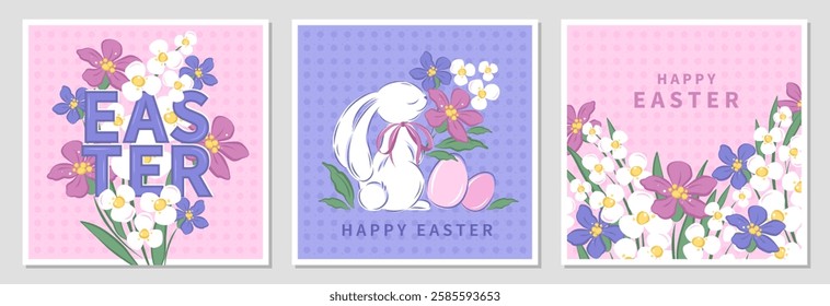 Happy Easter Set of greeting cards, posters, holiday banners. Spring hand drawn flowers, eggs and bunny. Vector illustration