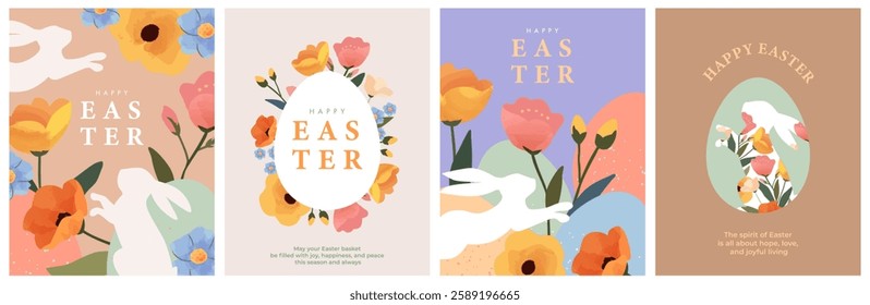 Happy Easter Set of greeting cards, posters, holiday covers. Trendy design with typography, spring hand drawn flowers, dots, eggs and bunny in pastel colors. Modern art minimalist style.