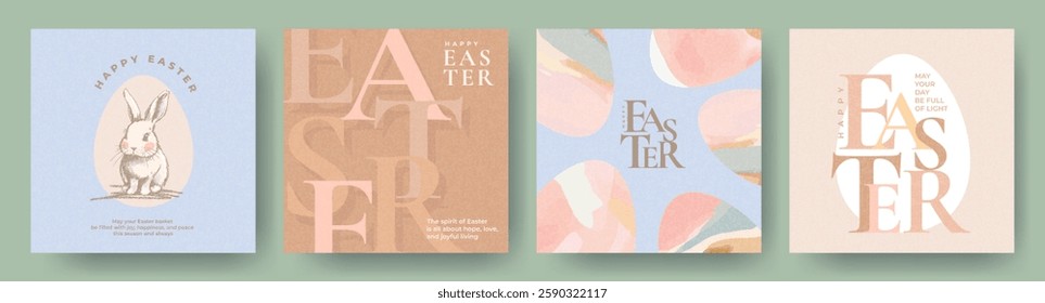 Happy Easter Set of greeting cards, posters, covers, web or social media banners. Art design with modern typography, hand drawn Easter bunny and eggs in pastel colors with trendy warming brown shades.