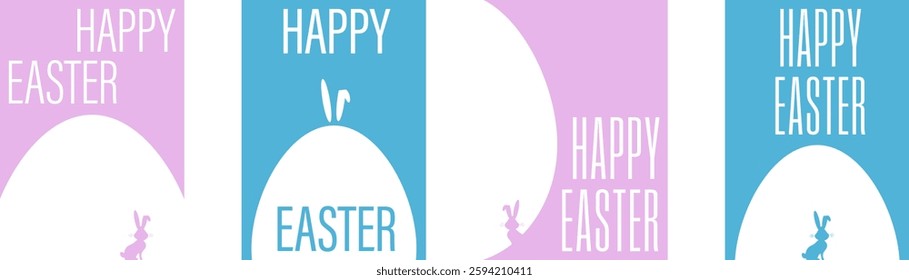 Happy easter set of greeting cards with easter egg and easter bunny in trendy bold and minimalist graphic design. Isolated vector illustration.