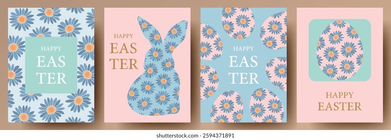 Happy Easter Set of greeting cards, posters, holiday covers. Trendy design template or web banner set for Easter. Vector illustration