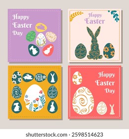 Happy Easter Set of greeting cards, posters, holiday covers, sale banners. Trendy design in paper cut style with bunny and egg silhouettes in monochrome soft pastel bright colors