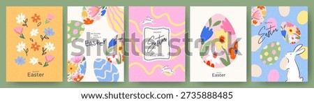 Happy Easter set of greeting cards, posters, holiday covers. Trendy design templates with typography, spring hand drawn Easter eggs and bunny, flowers, polka dots and stripes in pastel colors. Modern art minimalist style for greetings, prints, and Easter decorations.