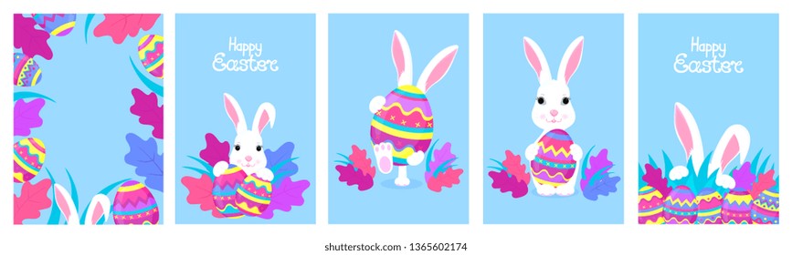 Happy Easter. A set of greeting designs with bunnies and painted eggs. White rabbit cartoon character.