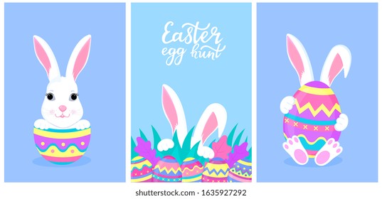 Happy Easter. A set of greeting designs with bunnies and painted eggs. White rabbit cartoon character.