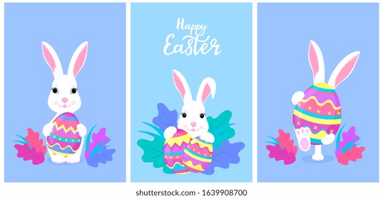 Happy Easter. A set of greeting designs with bunnies and painted eggs. White rabbit cartoon character.